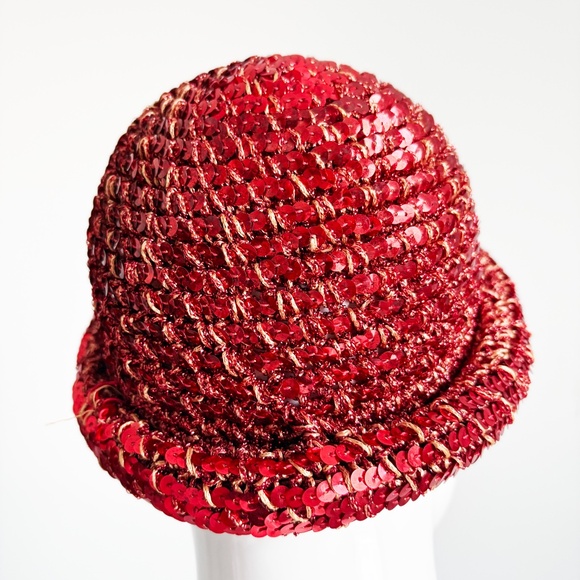 Vintage 1970s Halston Sequin Skull Cap Beanie – Red Disco Era Studio 54 Glam - Picture 9 of 12